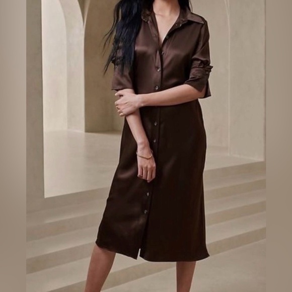 Banana Republic Dresses & Skirts - New Banana Republic Brown Enchant 100% Silk Long Sleeve Shirtdress Size XS
